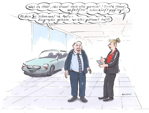 Cartoon: Autobiografie (medium) by woessner tagged auto,biografie,woessner,karikaturen,cartoons,kfz,verkehr,autoverkäufer,literatur,dichtung,schriftsteller,wahrheitssuche,unfallfrei,scheckheftgepflegt,beschreibung,und,verkaufsgespräch,autobiografie,wahrheit,lüge,autoverkauf,gebrauchtwagen,auto,biografie