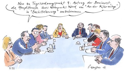 Cartoon: Bachstelzenweg (medium) by woessner tagged kläranlage,bachstelzenweg,bau,investor,gemeinderat,sitzung,abstimmung,antrag,euphemismus,beschönigung,neubaugebiet,werbung,verkauf