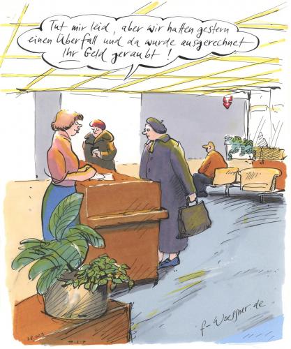 Cartoon: bankueberfall.geld weg. (medium) by woessner tagged bank,geld,kriminalität,,bank,geld,kriminalität,verbrechen,raub,kunde,berater,kundenberater,überfall,klauen,bankenkrise,bankraub,bankräuber,wirtschaftsverbrechen,diebstahl,finanzkrise,finanzen,kredit,kreditkrise,einlage,sparbuch,banken,kreditinstitut,geldanlage,girokonto,konto,geldkonto,geldmarktkonto,devisenkonto,kasse,kassierer,guthaben,minus,einzahlung,auszahlung,bar,währung,scheine,euro,bankkaufmann,anlageberater