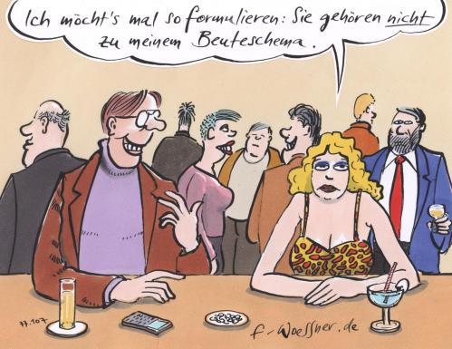 Cartoon: beuteschema (medium) by woessner tagged beuteschema,mann,frau,bar,kneipe,alkohol,flirt,beziehung,erotik,beuteschema,beute,balzverhalten,verhalten,mann,frau,bar,kneipe,flirt,beziehung,partner,partnersuche,partnerwahl,auswählen,balz,kennenlernen,körpersprache,date,anmache,anmachen,schemata,schema,hormone,biologie