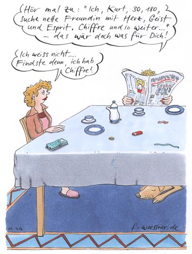 Cartoon: chiffre (medium) by woessner tagged chiffre,kleinanzeigen,partnersuche,zeitung,printmedien,beziehung,charaktereigenschaften,selbsterkenntnis,psychologie