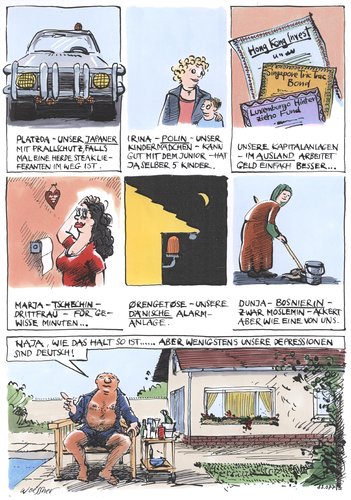 Cartoon: deutsche Depressionen (medium) by woessner tagged deutsche,depressionen,autowahn,kfz,kinderbetreuung,verwahrlosung,steuerhinterziehung,prostitution,prostituierte,alarmanlage,putzfrau,arbeitsmoral,ausländer,deutsche,depressionen,autowahn,kfz,kinderbetreuung,verwahrlosung,steuerhinterziehung,prostitution,prostituierte,sex,alarmanlage,putzfrau,arbeitsmoral,ausländer