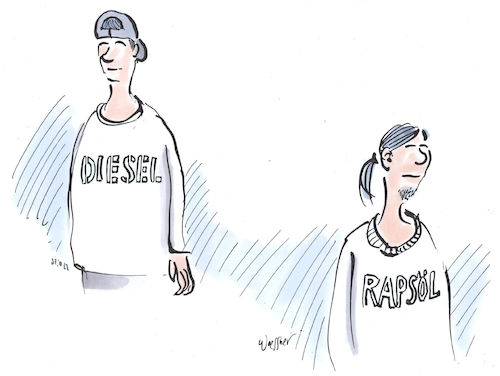 Cartoon: Diesel (medium) by woessner tagged freimut,woessner,karikaturen,cartoons,jugendliche,jugend,stolz,umwelt,ökologie,öko,umweltbewusstsein,ökoszene,alternativszene,jugendszene,szene,diesel,rapsöl,hemd,shirt,unterhemd,slogan,aufschrift,beschriftung,botschaft,klamotte,markenklamotte,marke,nobelmarke,bekenntnis,zugehörigkeit,markenbewusstsein,mode,modisch,kleidung,bekleidung,freimut,woessner,karikaturen,cartoons,jugendliche,jugend,stolz,umwelt,ökologie,öko,umweltbewusstsein,ökoszene,alternativszene,jugendszene,szene,diesel,rapsöl,hemd,shirt,unterhemd,slogan,aufschrift,beschriftung,botschaft,klamotte,markenklamotte,marke,nobelmarke,bekenntnis,zugehörigkeit,markenbewusstsein,mode,modisch,kleidung,bekleidung