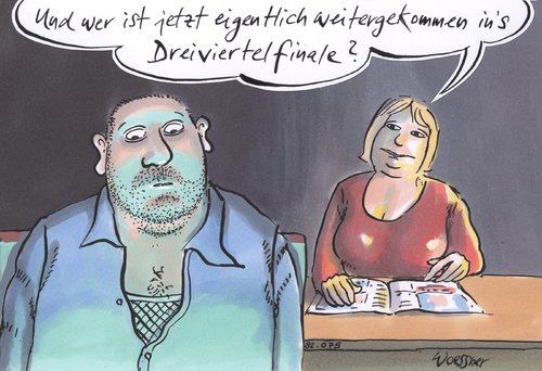 Cartoon: dreiviertelfinale (medium) by woessner tagged dreiviertelfinale,fussball,klischee,vorurteil,stereotype,sachverstand,fan,begeisterung,unwissen,regel,beziehung,mann,frau,geschlecht,fussball,euro 2012,em 2012,fßball,unwissen,beziehung,euro,2012,em