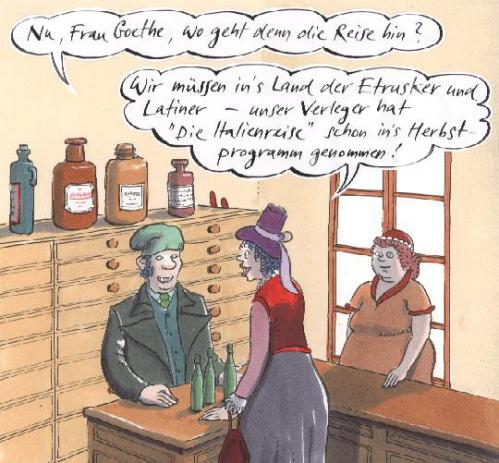 Cartoon: Frau Goethe (medium) by woessner tagged literatur,bücher,autor,dichter,johann,wolfgang,goethe,literatur,bücher,autor,dichter,johann,wolfgang,goethe,latiner,etrusker,verleger,programm,italien,verlag,opus,schmöker,publizist,publikation,dichtkunst,wortkunst,schriftgut,poesie,buchmesse,herbstmesse,bücherherbst,reisebericht,klassik,weimar,tischbein