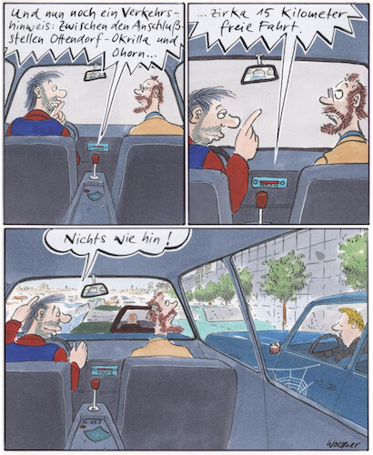 Cartoon: Freie Fahrt (medium) by woessner tagged cartoons,karikaturen,woessner,autobahn,verkehrshinweis,luftverschmutzung,kohlenstoff,verbrennerautos,konsum,freie,fahrt,stau,strassenverkehr,autoverkehr,staumeldung,kfz,umwelt,klima,autowahn,mobilität,mobilitätswende,elektroauto,klimawandel,ceozwei,emmissionen,verbrenner,erderwärmung