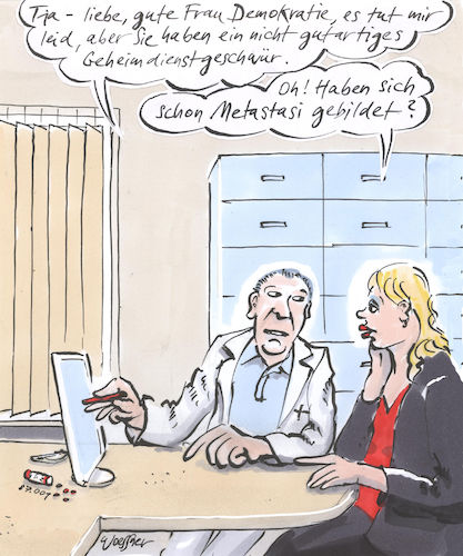 Cartoon: Geheimdienstdiagnose (medium) by woessner tagged freimut,woessner,karikaturen,cartoons,geschwür,gutartig,bösartig,nsa,cia,verfassungsschutz,überwachungsbehörde,innere,sicherheit,datenschutz,metastasen,krebs,medizin,arzt,patientin,krankheit,geheimdienstdiagnose,demokratie,stasi,horch,und,guck,westliche,geheimdienste,1984,neunzehnhundertvierundachzig,überwachung,bespitzelung,deutschland,westdeutschland,überwachungsstaat,freimut,woessner,karikaturen,cartoons,geschwür,gutartig,bösartig,nsa,cia,verfassungsschutz,überwachungsbehörde,innere,sicherheit,datenschutz,metastasen,krebs,medizin,arzt,patientin,krankheit,geheimdienstdiagnose,demokratie,stasi,horch,und,guck,westliche,geheimdienste,1984,neunzehnhundertvierundachzig,überwachung,bespitzelung,deutschland,westdeutschland,überwachungsstaat