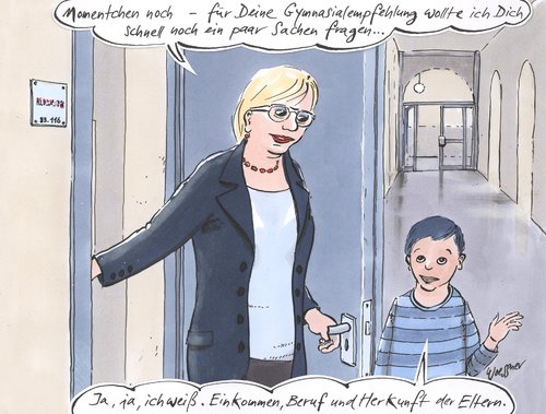 Cartoon: Gymnasialempfehlung (medium) by woessner tagged gymnasialempfehlung,soziale,herkunft,bildungsfern,migrationshintergrund,prekär,hartz,chancengleichheit,aufstiegschancen,bildung,schule,gymnasialempfehlung,soziale,herkunft,bildungsfern,migrationshintergrund,prekär,hartz,chancengleichheit,aufstiegschancen,bildung,schule