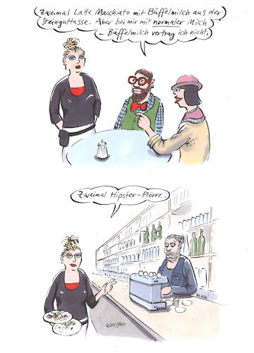 Cartoon: Hipsterplörre (medium) by woessner tagged freimut,woessner,karikaturen,cartoons,kellnerin,gäste,ansprüche,extrawurst,anspruchdenken,konsum,unkonventionell,gesundheit,gesundheitsbewusstsein,hipsterplörre,latte,macchiato,kult,mode,bestellung,lokal,cafe,kaffee,kaffehaus,pärchen,bedienung,cool,espresso,cappuchino,steingut,büffelmilch,extravagant,modisch,stylisch,freimut,woessner,karikaturen,cartoons,kellnerin,gäste,ansprüche,extrawurst,anspruchdenken,konsum,unkonventionell,gesundheit,gesundheitsbewusstsein,hipsterplörre,latte,macchiato,kult,mode,bestellung,lokal,cafe,kaffee,kaffehaus,pärchen,bedienung,cool,espresso,cappuchino,steingut,büffelmilch,extravagant,modisch,stylisch