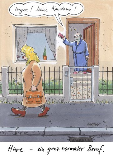 Cartoon: Hure als Beruf (medium) by woessner tagged hure,ganz,normaler,beruf,prostitution,käulicher,nutte,bordell,kondome,ehe,partnerschaft,arbeitsplatz,arbeitsweg