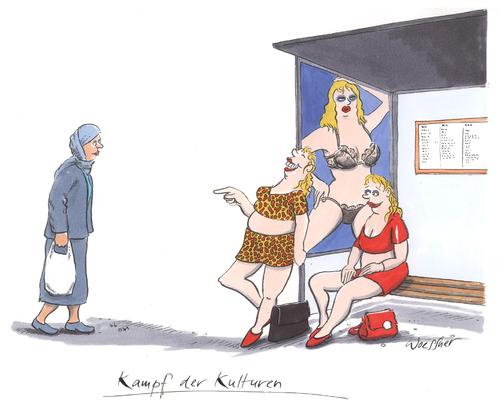 Cartoon: kampf der kulturen (medium) by woessner tagged kampf,der,kulturen,ausländer,migration,islam,christentum,grundwerte,sexualisierung,moslem,muslima,kampf,der,kulturen,ausländer,migration,islam,christentum,grundwerte,sexualisierung,moslem,muslima