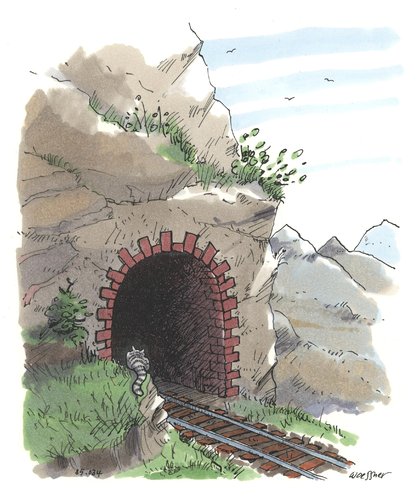 Cartoon: Katze vor Tunnel (medium) by woessner tagged katze,vor,tunnel,lauern,beute,maus,mauseloch,verwechslung,eisenbahn,stubentiger,haustier,tiere,kater,katze,vor,tunnel,lauern,beute,maus,mauseloch,verwechslung,eisenbahn,stubentiger,haustier,tiere,kater