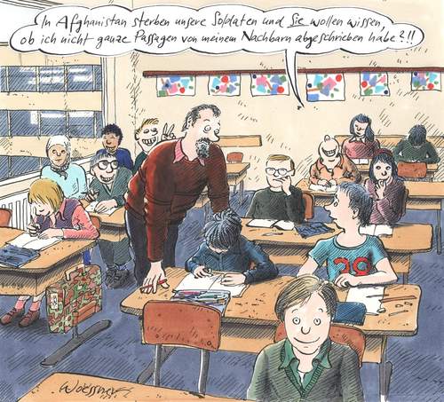 Cartoon: Klassenarbeit  abgeschrieben (medium) by woessner tagged klassenarbeit,abgeschrieben,afghanistan,soldaten,betrug,doktorarbeit,ausrede,schlagfertig,schule,lehrer,ausbildung,klassenarbeit,abgeschrieben,afghanistan,betrug,soldaten,doktorarbeit,ausrede,schlagfertig,ausbildung,lehrer,schule,plagiat