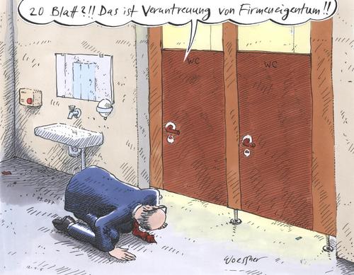 Cartoon: klopapier (medium) by woessner tagged veruntreuung,blatt,datenschutz,gewerkschaft,wirtschaft,arbeit,kündigung,bagatelle,cia,nsa,geheimdienst,spitzel,kontrolle,überwachung,eigentum,firma