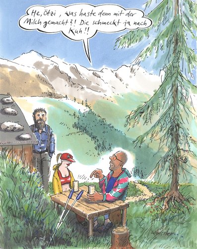 Cartoon: Kuh Milch (medium) by woessner tagged ötzi,milch,kuh,berge,natur,grossstadt,land,österreich,alpen,tourist,urlaub,ferien,kuh,milch,berge,natur,land,österreich,alpen,tourist,urlaub,ferien,wandern,stadt