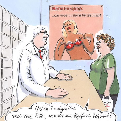 Cartoon: Lustpille Kopfweh (medium) by woessner tagged woessner,karikatur,cartoon,lustpille,frau,pharmaindustrie,placebo,versuchsergebnisse,studien,fälschung,geschäft,verweigerung,apotheke,pille,ikament,medizin,kopfweh,lustobjekt,emanzipation,luststeigerung,potenz,geilheit,falsche,versprechung,marketing,werbung,verkauf,arzneimittel,marktforschung,nebenwirkung,apotheker,pillendreher,fake