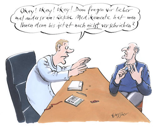 Cartoon: Medikamente (medium) by woessner tagged freimut,woessner,karikaturen,cartoons,okay,pillen,tabletten,verschreiben,pharmaindustrie,pharmaka,krank,gesund,gesundheit,heilung,behandeln,medikamente,verschreibung,arzt,patient,medikamentenmissbrauch,arztbesuch,medizin,mediziner,behandlung,sprechzimmer,pharmazie,apotheke,medizinisch,medikamentös,freimut,woessner,karikaturen,cartoons,okay,pillen,tabletten,verschreiben,pharmaindustrie,pharmaka,krank,gesund,gesundheit,heilung,behandeln,medikamente,verschreibung,arzt,patient,medikamentenmissbrauch,arztbesuch,medizin,mediziner,behandlung,sprechzimmer,pharmazie,apotheke,medizinisch,medikamentös