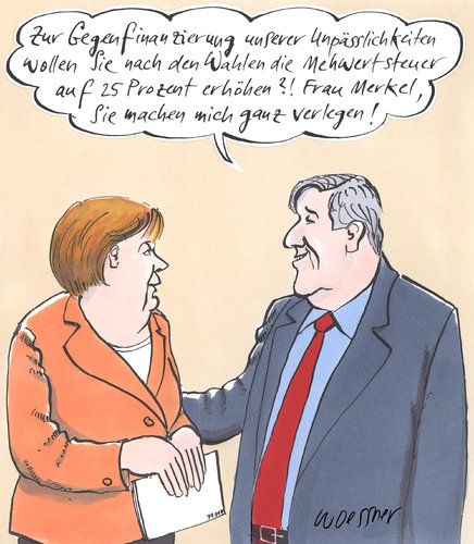 Cartoon: merkel ackermann mehrwertsteuer (medium) by woessner tagged merkel,ackermann,geburtstag,kanzleramt,mehrwertsteuer,finanzkrise,bank,geld,macht,lobby,angela merkel,ackermann,geburtstag,kanzleramt,mehrwertsteuer,finanzkrise,bank,geld,macht,lobby,bundeskanzler,angela,merkel