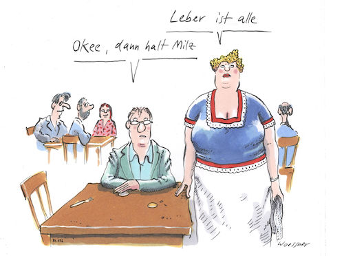 Cartoon: milz (medium) by woessner tagged freimut,woessner,karikaturen,cartoons,imbiss,gourmet,feinschmecker,kellnerin,kellner,personal,milz,restaurant,bestellung,gast,bedienung,leber,medizin,biologie,physiologie,körperbau,organe,kneipe,essen,trinken,speiselokal,wirtschaft,freundlichkeit,unfreundlichkeit,freimut,woessner,karikaturen,cartoons,imbiss,gourmet,feinschmecker,kellnerin,kellner,personal,milz,restaurant,bestellung,gast,bedienung,leber,medizin,biologie,physiologie,körperbau,organe,kneipe,essen,trinken,speiselokal,wirtschaft,freundlichkeit,unfreundlichkeit