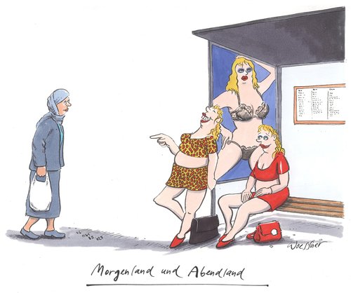 Cartoon: morgenland abendland (medium) by woessner tagged reizwäsche,morgenland,abendland,islam,christentum,kampf,der,kulturen,clash,of,civilisation,frauenbild,sexualisierung,reizwäsche,morgenland,abendland,islam,christentum,kampf,der,kulturen,clash,of,civilisation,frauenbild,sexualisierung