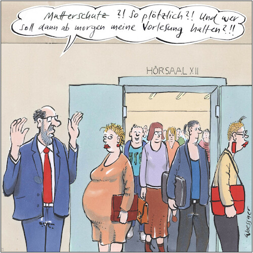 Cartoon: mutterschutz (medium) by woessner tagged cartoons,karikaturen,woessner,mutterschaft,familie,babypause,hörsaal,studentinnen,studierende,akademikerinnen,lehrkräfte,akademisch,universitär,ausbildung,faulheit,nichtstun,mutterschutz,professor,vorlesung,universität,wissenschaftliche,hilfskräfte,schwangerschaft,überraschung,professur,akademischer,mittelbau,doktorandinnen,zuarbeit,ausbeutung,bildung,hochschule,fristverträge,cartoons,karikaturen,woessner,mutterschaft,familie,babypause,hörsaal,studentinnen,studierende,akademikerinnen,lehrkräfte,akademisch,universitär,ausbildung,faulheit,nichtstun,mutterschutz,professor,vorlesung,universität,wissenschaftliche,hilfskräfte,schwangerschaft,überraschung,professur,akademischer,mittelbau,doktorandinnen,zuarbeit,ausbeutung,bildung,hochschule,fristverträge