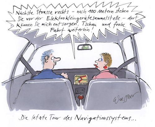 Cartoon: Navi Endstation (medium) by woessner tagged woessner,karikaturen,cartoons,stimme,anweisung,auto,kfz,verkehr,orientierung,landkarte,stadtplan,autofahrer,mobilität,navi,letzte,tour,entsorgung,müll,abfallentsorgung,elektrokleingerätesammelstelle,abschied,navigationsgerät,abfall,müllverbrennung,recycling,umwelt,wiederverwertung,nachhaltig,nachhaltigkeit