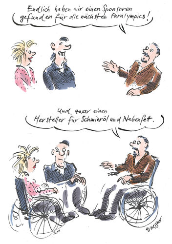 Cartoon: Paralympics (medium) by woessner tagged woessner,karikaturen,cartoons,firma,unternehmen,name,dropping,rollis,benachteiligt,körperliche,behinderung,einschränkung,eingeschränkt,paralympics,sponsor,sponsoring,gesponsert,handicap,behindert,rollstuhlfahrerinnen,olympiade,olympisch,sport,behindertensport,behindertenolympiade,werbung,unterstützung,stiftung,woessner,karikaturen,cartoons,firma,unternehmen,name,dropping,rollis,benachteiligt,körperliche,behinderung,einschränkung,eingeschränkt,paralympics,sponsor,sponsoring,gesponsert,handicap,behindert,rollstuhlfahrerinnen,olympiade,olympisch,sport,behindertensport,behindertenolympiade,werbung,unterstützung,stiftung