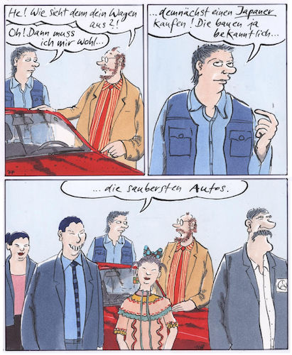 Cartoon: saubere Autos (medium) by woessner tagged freimut,woessner,karikaturen,cartoons,diesel,dieselskandal,umwelt,luftverschmutzung,klima,klimawandel,luftreinhaltung,feinstaub,feinstaubbelastung,fahrverbot,japan,saubere,autos,sauberkeit,lack,abgase,schadstoffe,schadstoffwerte,abgaswerte,manipulation,betrug,absprache,software,hardware,abgasskandal,abgasbetrug,automobilindustrie,kfz,mobilität,freimut,woessner,karikaturen,cartoons,diesel,dieselskandal,umwelt,luftverschmutzung,klima,klimawandel,luftreinhaltung,feinstaub,feinstaubbelastung,fahrverbot,japan,saubere,autos,sauberkeit,lack,abgase,schadstoffe,schadstoffwerte,abgaswerte,manipulation,betrug,absprache,software,hardware,abgasskandal,abgasbetrug,automobilindustrie,kfz,mobilität