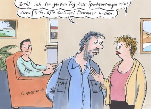 Cartoon: sportsendung (medium) by woessner tagged sport,doping,pharmazie,medizin,jugend,ausbildung,uni,tv,fernsehen,konsum,familie,eltern,sohn,besorgnis,sport,doping,pharmazie,medizin,jugend,ausbildung,uni,tv,fernsehen,konsum,familie,eltern,sohn,besorgnis