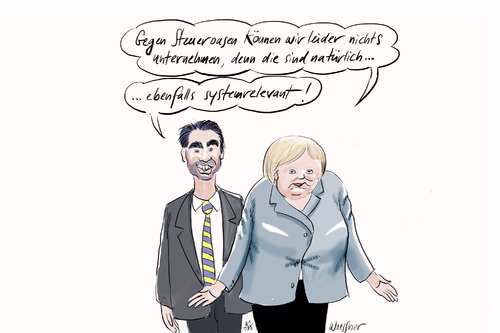 Cartoon: steueroasen systemrelevant (medium) by woessner tagged steueroasen,systemrelevant,steuerparadies,finanzkrise,gerechtigkeit,steuerflucht,vermögen,schwarzgeld,geldwäsche,bank,merkel,rösler,steueroasen,systemrelevant,steuerparadies,finanzkrise,gerechtigkeit,steuerflucht,vermögen,schwarzgeld,geldwäsche,bank,merkel,rösler,steuer