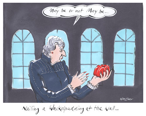 Cartoon: Theresa May be (medium) by woessner tagged woessner,karikaturen,cartoons,pudding,wand,nageln,ungewissheit,unsicherheit,regierungschefin,theresa,may,brexit,wackelpudding,europa,england,großbritannien,englisch,english,britisch,british,shakespeare,hamlet,theater,schauspiel,englische,politik,europäisch,woessner,karikaturen,cartoons,pudding,wand,nageln,ungewissheit,unsicherheit,regierungschefin,theresa,may,brexit,wackelpudding,europa,england,großbritannien,englisch,english,britisch,british,shakespeare,hamlet,theater,schauspiel,englische,politik,europäisch