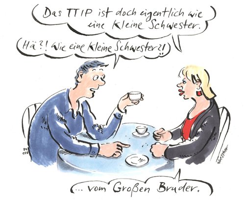 Cartoon: TTIP kleine Schwester (medium) by woessner tagged ttip,kleine,schwester,großer,bruder,big,brother,1984,wirtschaftsimperialismus,marktkonforme,demokratie,merkel,handelsabkommen,usa,europa,ttip,kleine,schwester,großer,bruder,big,brother,1984,wirtschaftsimperialismus,marktkonforme,demokratie,merkel,handelsabkommen,usa,europa