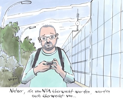 Cartoon: Überwachung (medium) by woessner tagged nutzer,überwachung,bespitzelung,geheimdienst,cia,nsa,bnd,nachrichtendienst,internet,netz,piraten,user,handy,mobile,telefon,pc,nutzer,überwachung,bespitzelung,geheimdienst,cia,nsa,bnd,nachrichtendienst,internet,netz,piraten,user,handy,mobile,telefon,pc