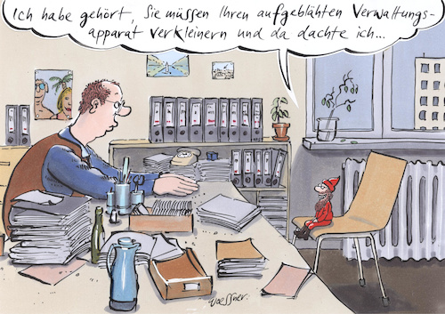 Cartoon: Verwaltung verkleinern (medium) by woessner tagged cartoons,karikaturen,woessner,sicherheit,berufliche,berufswahl,sicherheitsdenken,existenzangst,kreativität,gleichförmigkeit,geordnete,bahnen,personalabbau,verwaltung,verkleinern,bürokratie,behörde,vorschriften,amtsschimmel,beamte,beamtentum,trägheit,beharrungsvermögen,untätigkeit,faulheit,sturheit,innovation,minimieren,verzwergen,zwerg,verkleinerung,büro,cartoons,karikaturen,woessner,sicherheit,berufliche,berufswahl,sicherheitsdenken,existenzangst,kreativität,gleichförmigkeit,geordnete,bahnen,personalabbau,verwaltung,verkleinern,bürokratie,behörde,vorschriften,amtsschimmel,beamte,beamtentum,trägheit,beharrungsvermögen,untätigkeit,faulheit,sturheit,innovation,minimieren,verzwergen,zwerg,verkleinerung,büro