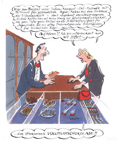 Cartoon: Vollmilchschokolade (medium) by woessner tagged woessner,karikaturen,cartoons,gehandelz,laden,verkäufer,dritte,welt,gluten,selbsthilfegruppe,jugendprojekt,alleinerziehend,dick,katholisch,edelmarke,luxusmarke,etikettenschwindel,bio,öko,umwelt89,vollmilchschokolade,fair,trade,herkunft,luxusgüter,unterzuckerung,schoko,schokolade,kakao,süssigkeiten,nascherei,naschen,zucker,süss,süssstoff,energie,energiezufuhr,blutzuckerspiegel,süsswaren,confiserie,woessner,karikaturen,cartoons,gehandelz,laden,verkäufer,dritte,welt,gluten,selbsthilfegruppe,jugendprojekt,alleinerziehend,dick,katholisch,edelmarke,luxusmarke,etikettenschwindel,bio,öko,umwelt89,vollmilchschokolade,fair,trade,herkunft,luxusgüter,unterzuckerung,schoko,schokolade,kakao,süssigkeiten,nascherei,naschen,zucker,süss,süssstoff,energie,energiezufuhr,blutzuckerspiegel,süsswaren,confiserie