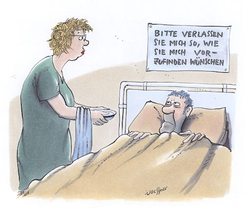 Cartoon: vorfinden (medium) by woessner tagged freimut,woessner,karikaturen,cartoons,medizin,gesundheitswesen,krankheit,krank,gesund,pflege,fürsorge,waschen,vorfinden,patient,krankenbett,krankenschwester,pflegerin,pflegepersonal,kategorischer,imperativ,immanuel,kant,moral,versorgung,krankenhaus,pflegeheim,klinik,reha,patientenverfügung,freimut,woessner,karikaturen,cartoons,medizin,gesundheitswesen,krankheit,krank,gesund,pflege,fürsorge,waschen,vorfinden,patient,krankenbett,krankenschwester,pflegerin,pflegepersonal,kategorischer,imperativ,immanuel,kant,moral,versorgung,krankenhaus,pflegeheim,klinik,reha,patientenverfügung