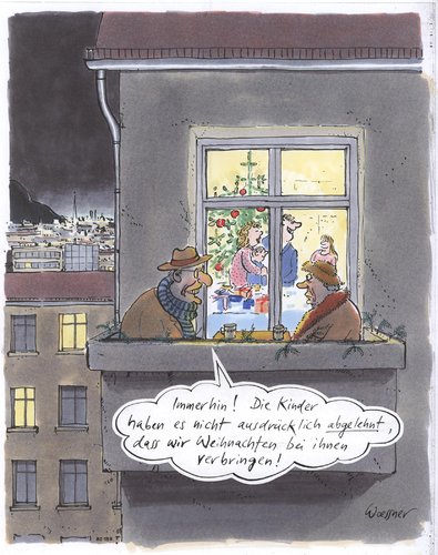 Cartoon: Weihnachten auf dem Balkon (medium) by woessner tagged weihnachten,eltern,auf,balkon,fest,feier,familie,zusammenhalt,generation,zwist,zank,ablehnung,konflikt,streit,euphemismus,schönrede,einsamkeit,alter,weihnachten,eltern,balkon,feier,familie,zusammenhalt,generation,zank,ablehnung,konflikt,streit,schönrede,einsamkeit,alter,euphemismus,fest,liebe,kultur