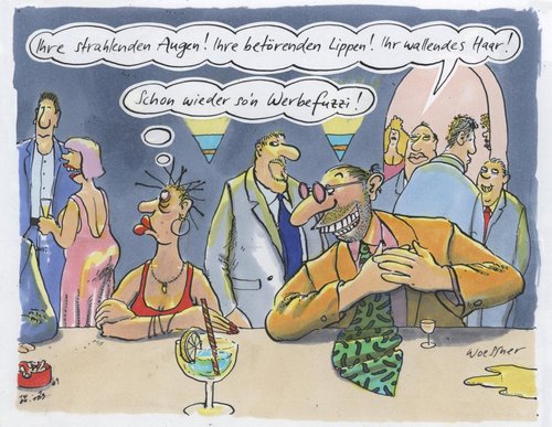 Cartoon: werbefuzzi (medium) by woessner tagged erotik,anmache,flirt,hässlichkeit,schönheit,maul,ums,honig,schönreden,schmeichelei,euphemismus,propaganda,advertisement,werbung,werbefuzzi