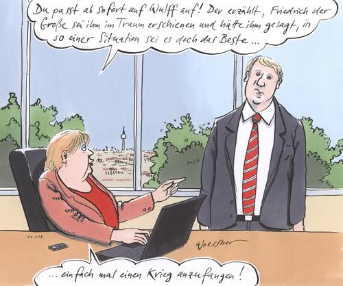 Cartoon: wulff und friedrich (medium) by woessner tagged pofalla,merkel,wulff,friedrich,krieg,anfangen,bundespräsident,krise,macchiavelli,militarismus,militär,staatskunst,ablenkung,brot,und,spiele,wulff,merkel,pofalla,bundespräsident