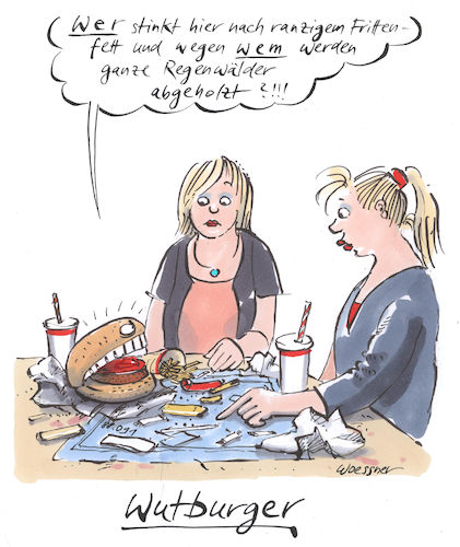 Cartoon: Wutburger (medium) by woessner tagged woessner,karikaturen,cartoons,essen,nahrungsmittel,gesundheit,krankheit,übergewicht,adipositas,fett,fettleibigkeit,pommes,frittes,ranzig,hygiene,lebensmittel,gastronomie,wutburger,hamburger,umwelt,regenwald,ernährung,wutbürger,wut,zorn,revolution,aufstand,mc,donald,burger,king,fleischproduktion,weideland,urwald,rinder,rinderzucht,woessner,karikaturen,cartoons,essen,nahrungsmittel,gesundheit,krankheit,übergewicht,adipositas,fett,fettleibigkeit,pommes,frittes,ranzig,hygiene,lebensmittel,gastronomie,wutburger,hamburger,umwelt,regenwald,ernährung,wutbürger,wut,zorn,revolution,aufstand,mc,donald,burger,king,fleischproduktion,weideland,urwald,rinder,rinderzucht