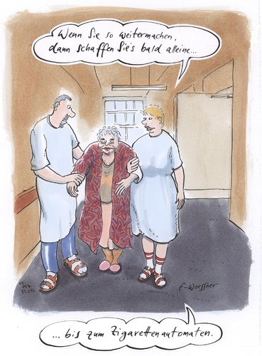 Cartoon: zigarettenautomat (medium) by woessner tagged zigarettenautomat,reha,krankenhaus,pflegeheim,sucht,rauchen,konsum,abhängigkeit,zigarettenautomat,reha,krankenhaus,pflegeheim,sucht,rauchen,konsum,abhängigkeit