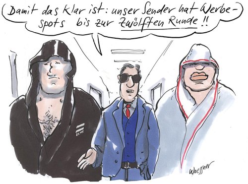 Cartoon: zwölf Runden (medium) by woessner tagged zwölf,runden,boxen,sport,werbung,werbepause,manipulation,betrug,kriminalität,fernsehen,tv,medien