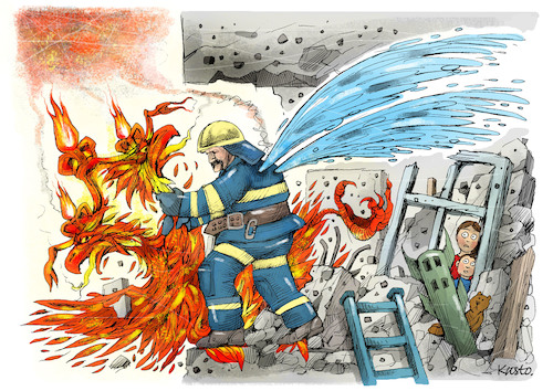 Cartoon: Ukrainian rescuer (medium) by kusto tagged war,ukraine,russia,rescuer,war,ukraine,russia,rescuer