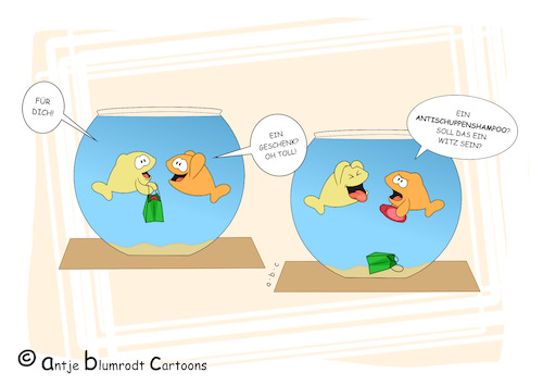 Cartoon: Das Geschenk (medium) by a-b-c tagged antischuppenshampoo,aquarium,fisch,fische,freundschaft,gemeinheit,geschenk,haar,schuppen,shampoo,streich,witz,antischuppenshampoo,aquarium,fisch,fische,freundschaft,gemeinheit,geschenk,haar,schuppen,shampoo,streich,witz