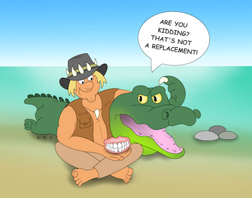 Cartoon: dentures (medium) by a-b-c tagged abc,crocodile,australia,dundee,outback,jungle,swamp,hat,teeth,dentures,dentallaboratory,crook,amounted,joke,movie,mick,hollywood,80s,abc,crocodile,australia,dundee,outback,jungle,swamp,hat,teeth,dentures,dentallaboratory,crook,amounted,joke,movie,mick,hollywood,80s