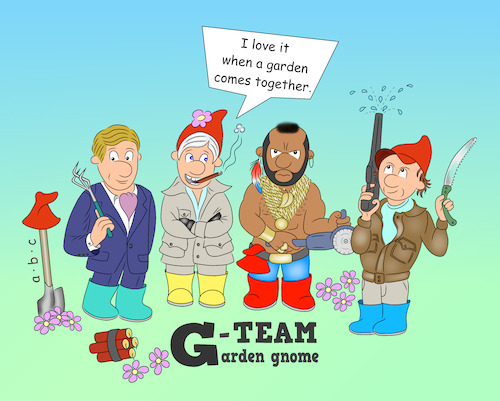 Cartoon: G-Team (medium) by a-b-c tagged gnome,gardengnome,nature,ateam,team,teamwork,gardenservice,order,cleanup,abc,series,television,tv,gnome,gardengnome,nature,ateam,team,teamwork,gardenservice,order,cleanup,abc,series,television,tv