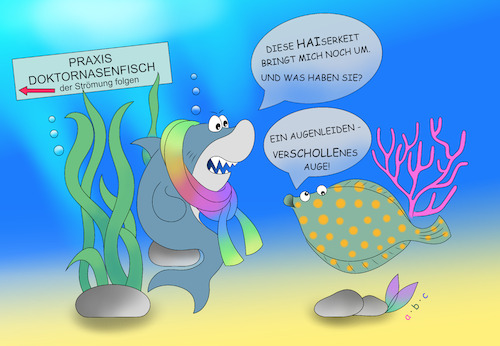 Cartoon: Hai-serkeit (medium) by a-b-c tagged krankheit,arzt,corona,meer,hai,scholle,fisch,natur,erkältung,wartezimmer,behandlung,symptome,heiserkeit,wortspiel,wortwitz,krankheit,arzt,corona,meer,hai,scholle,fisch,natur,erkältung,wartezimmer,behandlung,symptome,heiserkeit,wortspiel,wortwitz