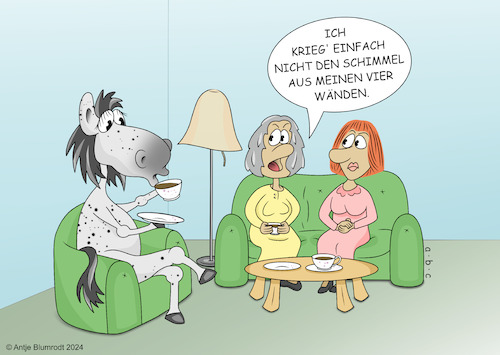 Cartoon: Schimmel (medium) by a-b-c tagged schimmel,pferd,haus,wände,kaffeekränzchen,schaden,wohnung,feuchtigkeit,tier,klatsch,tratsch,plaudern,schimmel,pferd,haus,wände,kaffeekränzchen,schaden,wohnung,feuchtigkeit,tier,klatsch,tratsch,plaudern