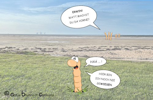 Cartoon: Watt is los? (medium) by a-b-c tagged ebbe,flut,gezeiten,meer,nordsee,priese,watt,wattenmeer,wattwurm,wiese,ebbe,flut,gezeiten,meer,nordsee,priese,watt,wattenmeer,wattwurm,wiese