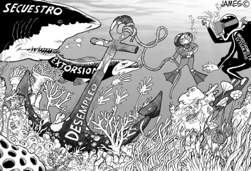 Cartoon: El gran problema (medium) by JAMEScartoons tagged calderon,tiburon,corrupcion,extorsion,inversionista,carton,caricatura